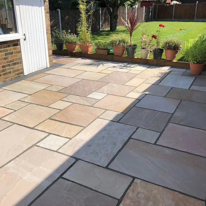 Raj green Indian sandstone paving slabs